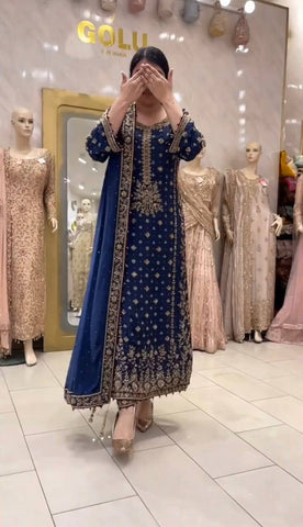 Amazing Blue Fuax Georgette Heavy Sequence Work Sharara Suit