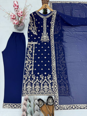 Amazing Blue Fuax Georgette Heavy Sequence Work Sharara Suit