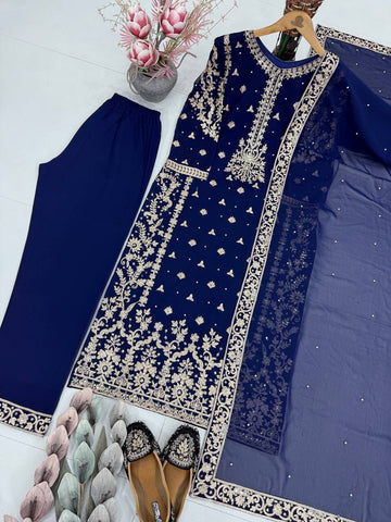 Amazing Blue Fuax Georgette Heavy Sequence Work Sharara Suit