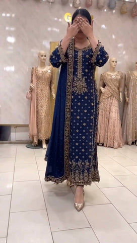 Amazing Blue Fuax Georgette Heavy Sequence Work Sharara Suit