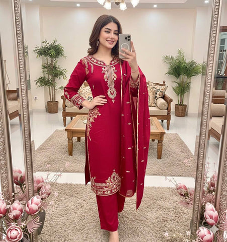Awesome Red Color Roman Silk Embroidered Sharara Suit