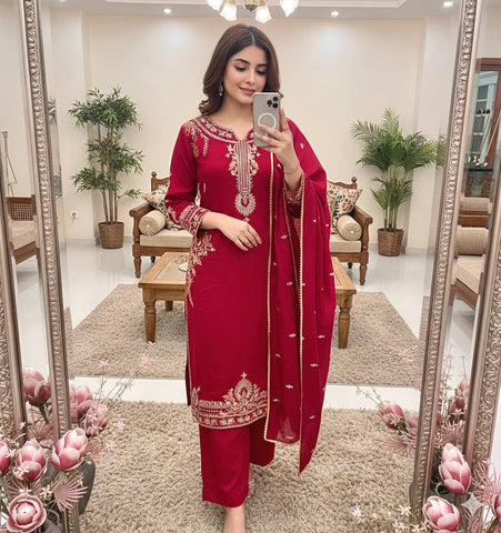 Awesome Red Color Roman Silk Embroidered Sharara Suit