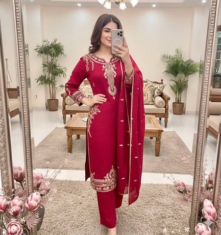 Awesome Red Color Roman Silk Embroidered Sharara Suit