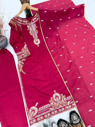 Awesome Red Color Roman Silk Embroidered Sharara Suit