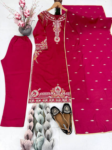 Awesome Red Color Roman Silk Embroidered Sharara Suit