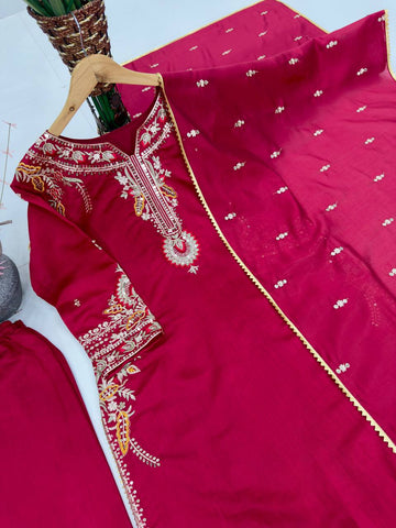 Awesome Red Color Roman Silk Embroidered Sharara Suit