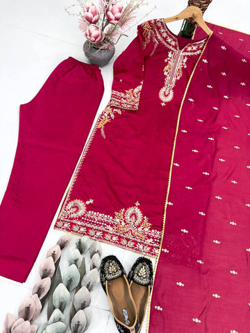 Awesome Red Color Roman Silk Embroidered Sharara Suit