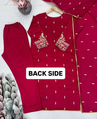 Awesome Red Color Roman Silk Embroidered Sharara Suit