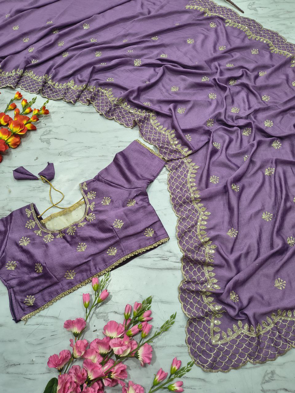 Exclusive Lavender Vichitra Silk Thread Work Saree