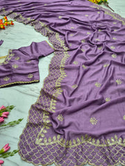 Exclusive Lavender Vichitra Silk Thread Work Saree