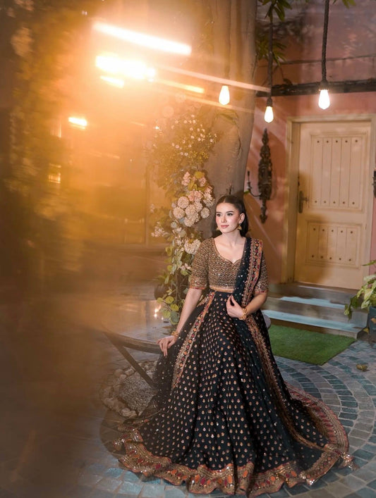 Presenting Black Poly Silk with Zari Work Lehenga Choli