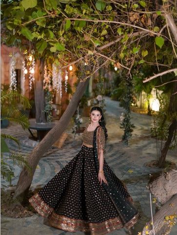 Presenting Black Poly Silk with Zari Work Lehenga Choli