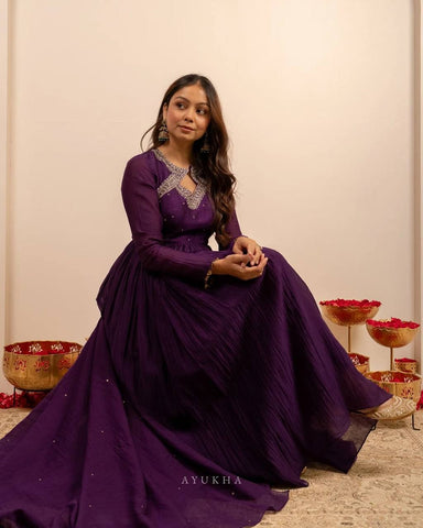 Innovative Purple Color Thread Work Anarkali Suit