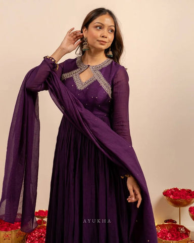 Innovative Purple Color Thread Work Anarkali Suit