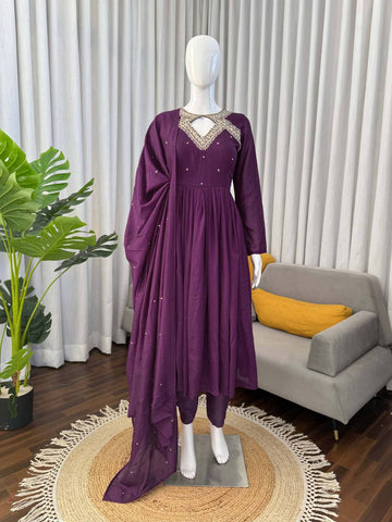 Innovative Purple Color Thread Work Anarkali Suit