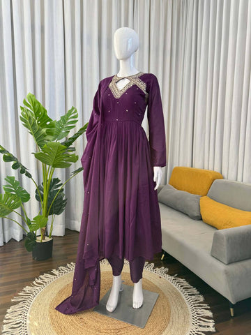 Innovative Purple Color Thread Work Anarkali Suit