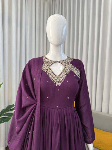 Innovative Purple Color Thread Work Anarkali Suit