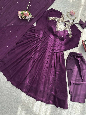 Innovative Purple Color Thread Work Anarkali Suit