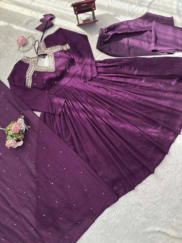 Innovative Purple Color Thread Work Anarkali Suit