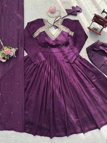 Innovative Purple Color Thread Work Anarkali Suit