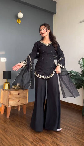Trendy Black Crep Silk Sequence Work Sharara Suit
