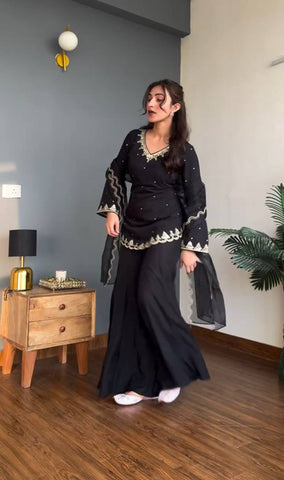 Trendy Black Crep Silk Sequence Work Sharara Suit