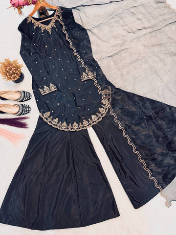 Trendy Black Crep Silk Sequence Work Sharara Suit