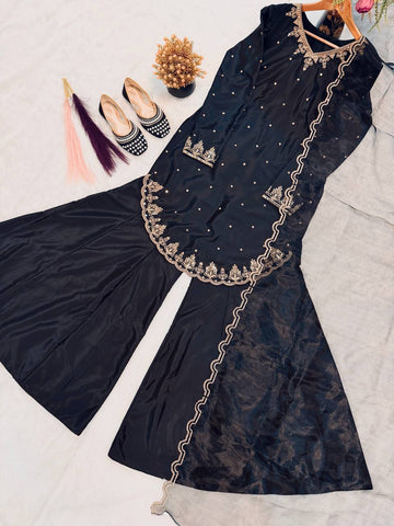 Trendy Black Crep Silk Sequence Work Sharara Suit