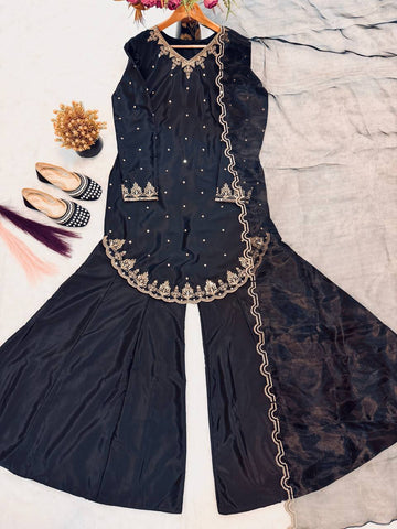 Trendy Black Crep Silk Sequence Work Sharara Suit