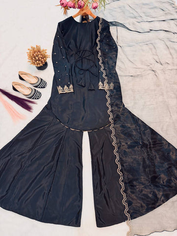 Trendy Black Crep Silk Sequence Work Sharara Suit