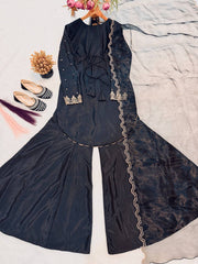 Trendy Black Crep Silk Sequence Work Sharara Suit