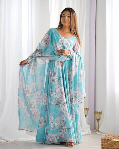 Awesome Sky Blue Georgette Floral Gown