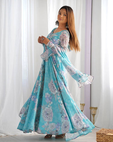 Awesome Sky Blue Georgette Floral Gown