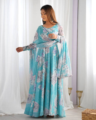 Awesome Sky Blue Georgette Floral Gown