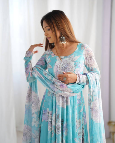 Awesome Sky Blue Georgette Floral Gown