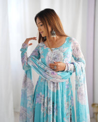 Awesome Sky Blue Georgette Floral Gown