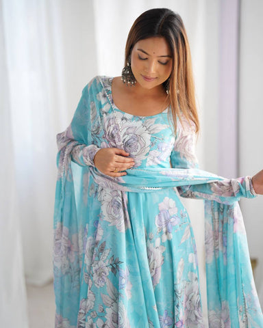 Awesome Sky Blue Georgette Floral Gown