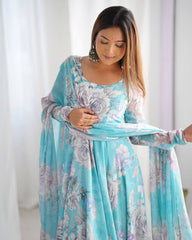 Awesome Sky Blue Georgette Floral Gown