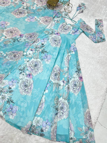 Awesome Sky Blue Georgette Floral Gown