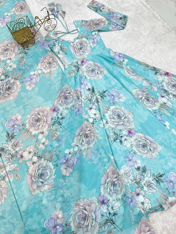 Awesome Sky Blue Georgette Floral Gown