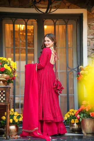 Alluring Red Faux Blooming Work Sharara Suit