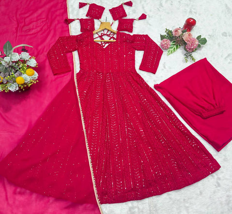 Alluring Red Faux Blooming Work Sharara Suit