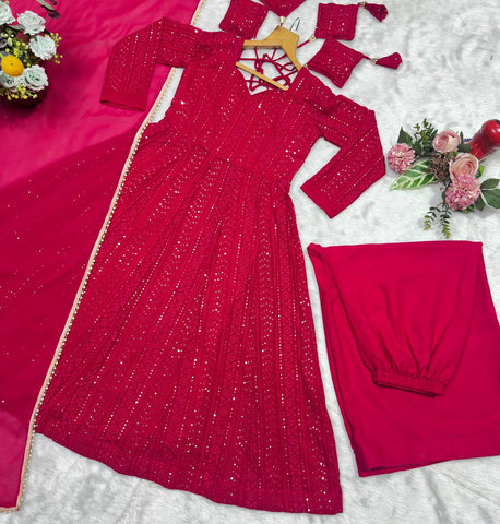 Alluring Red Faux Blooming Work Sharara Suit