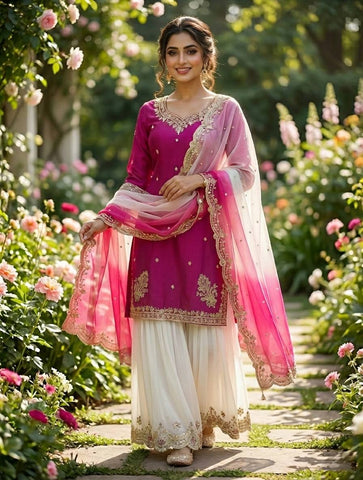 Lovely Pink Crepe Embroidery Sequence Plazzo Suit