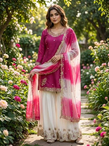 Lovely Pink Crepe Embroidery Sequence Plazzo Suit