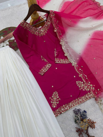 Lovely Pink Crepe Embroidery Sequence Plazzo Suit