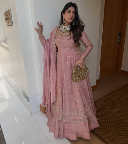 Luxuriant Pink GMY Silk Heavy Embroidery Sequence Work Lehenga
