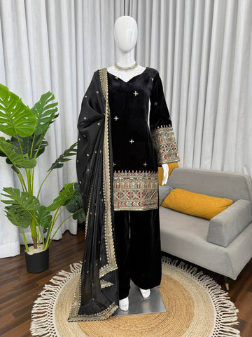 Amazing Black Heavy Velvet with Sequence Work Sharara Suit