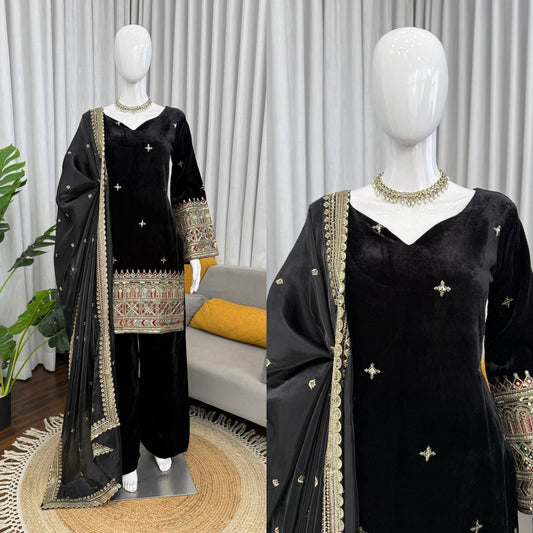 Amazing Black Heavy Velvet with Sequence Work Sharara Suit