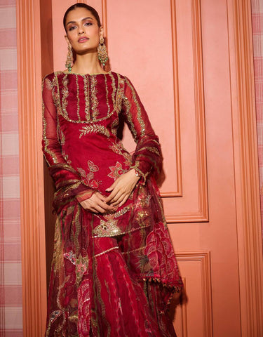Exclusive Maroon Organza Sequence Embroidery Sharara Suit